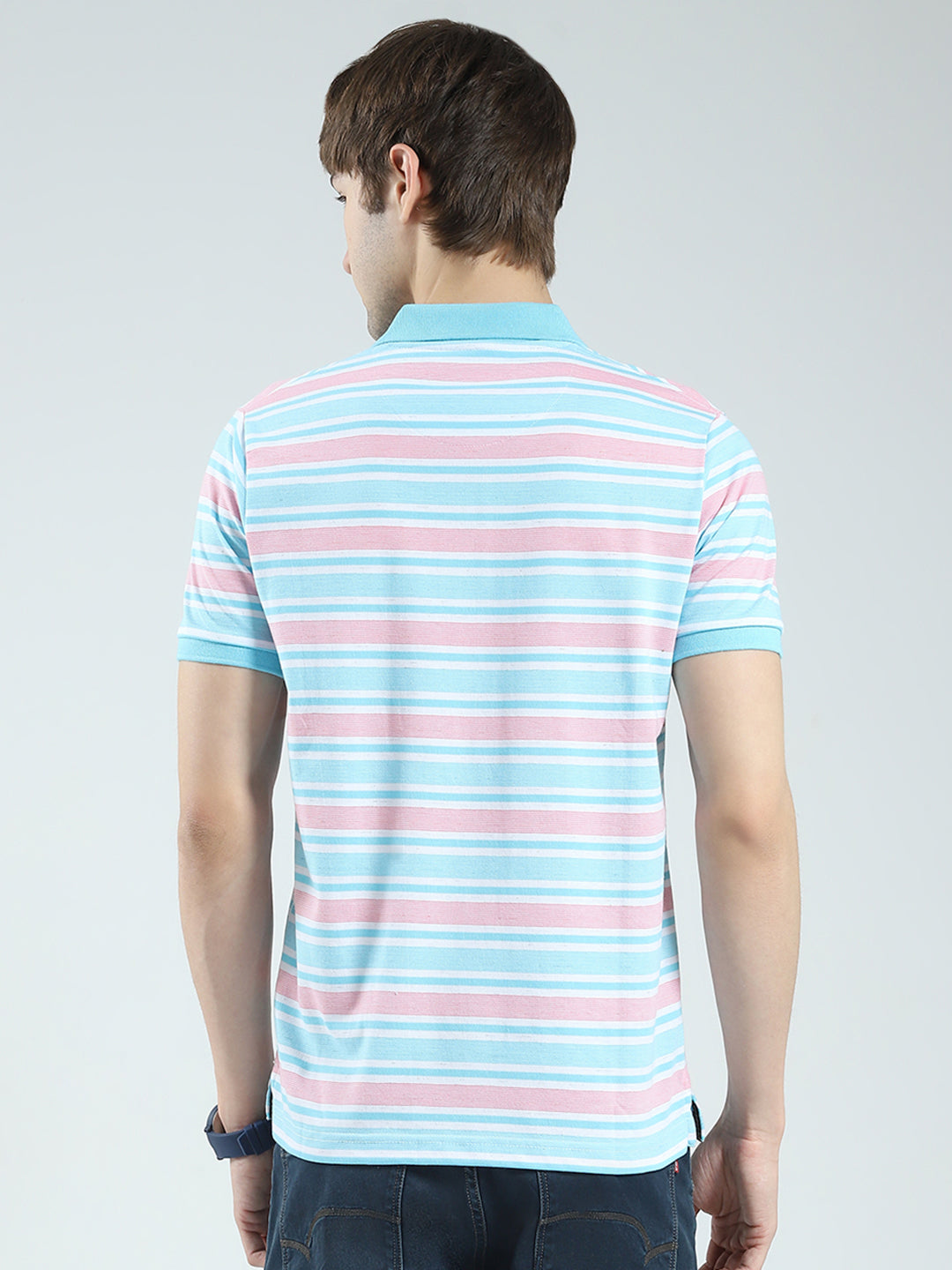 Men Blue Stripe Collar Half Sleeve T-Shirt