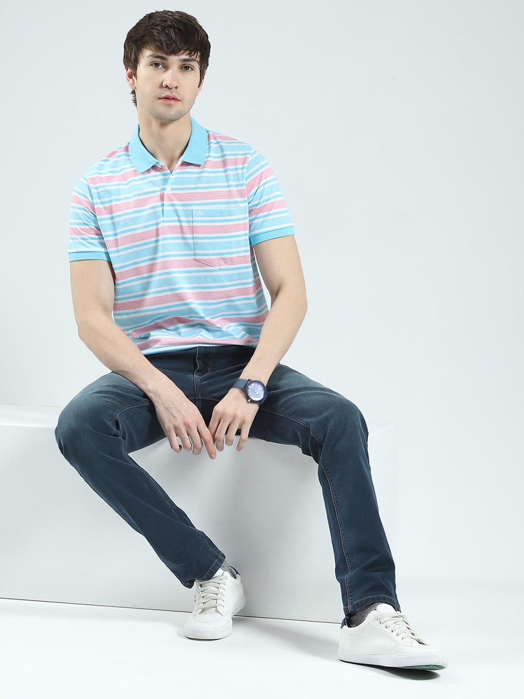 Men Blue Stripe Collar Half Sleeve T-Shirt