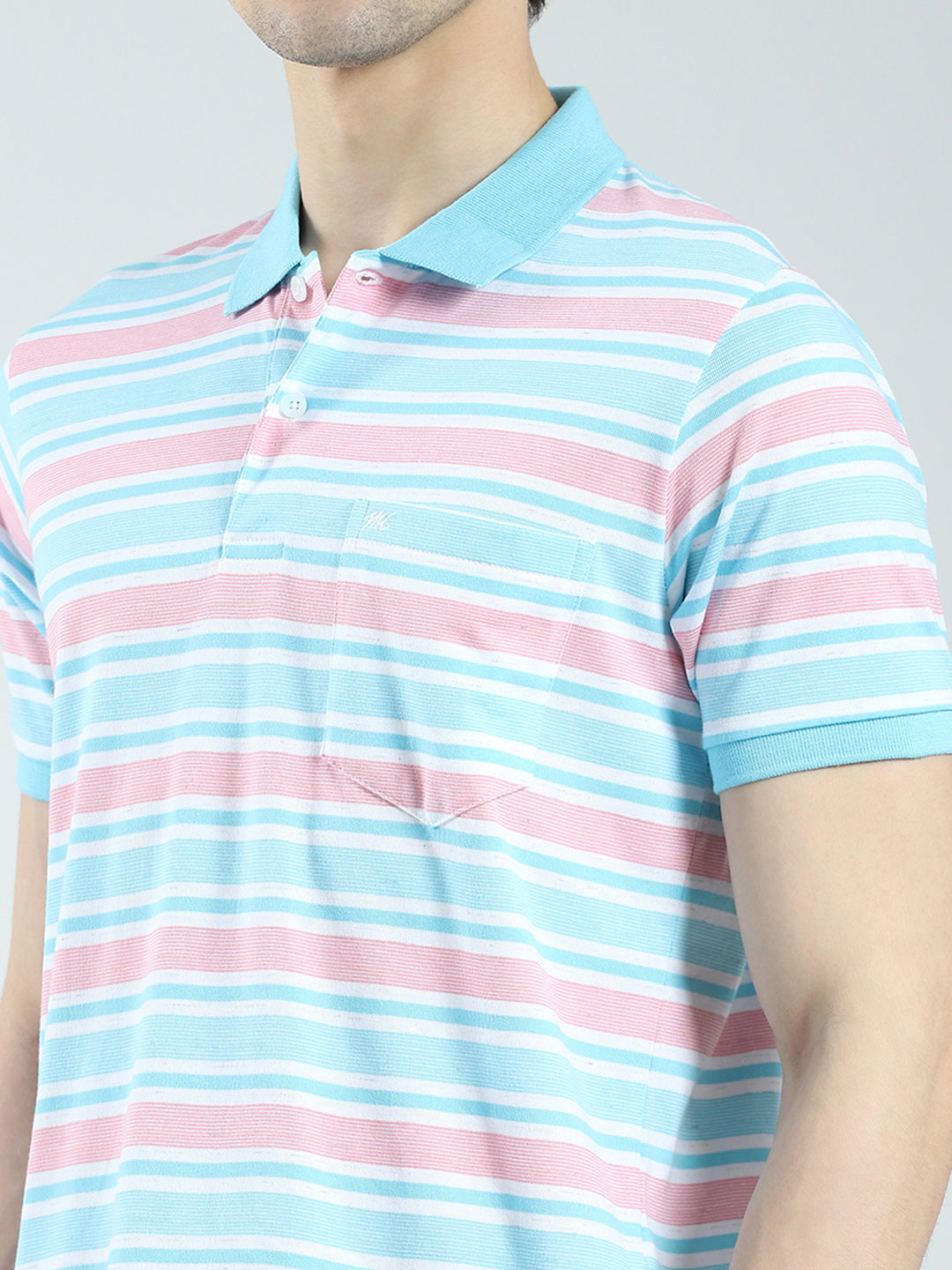 Men Blue Stripe Collar Half Sleeve T-Shirt