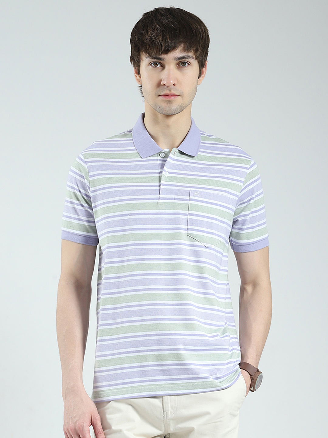 Men Purple Stripe Collar Half Sleeve T-Shirt