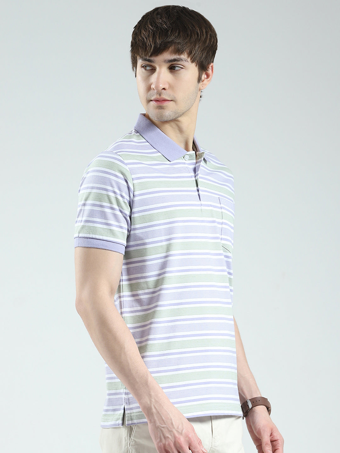 Men Purple Stripe Collar Half Sleeve T-Shirt