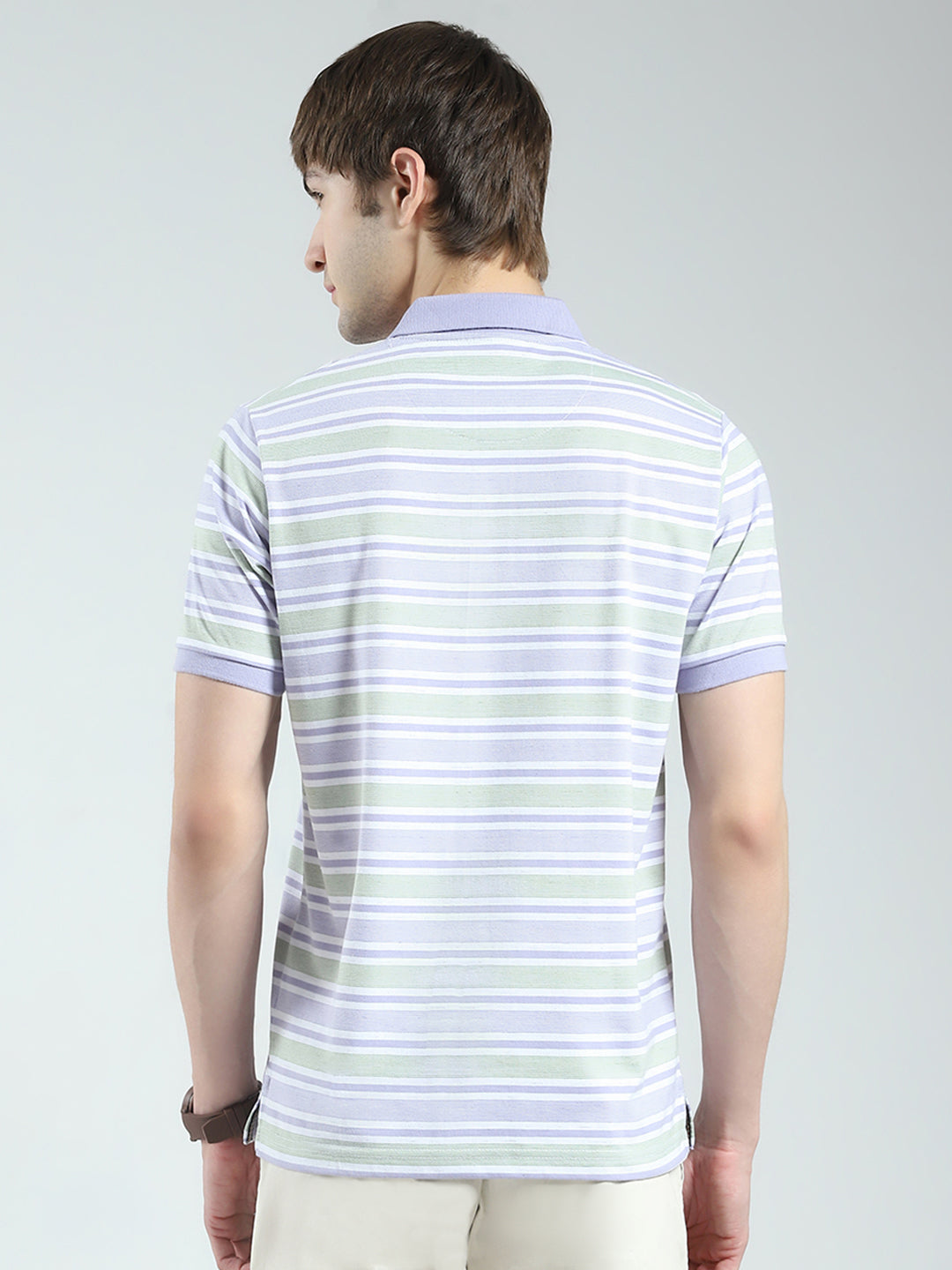 Men Purple Stripe Collar Half Sleeve T-Shirt
