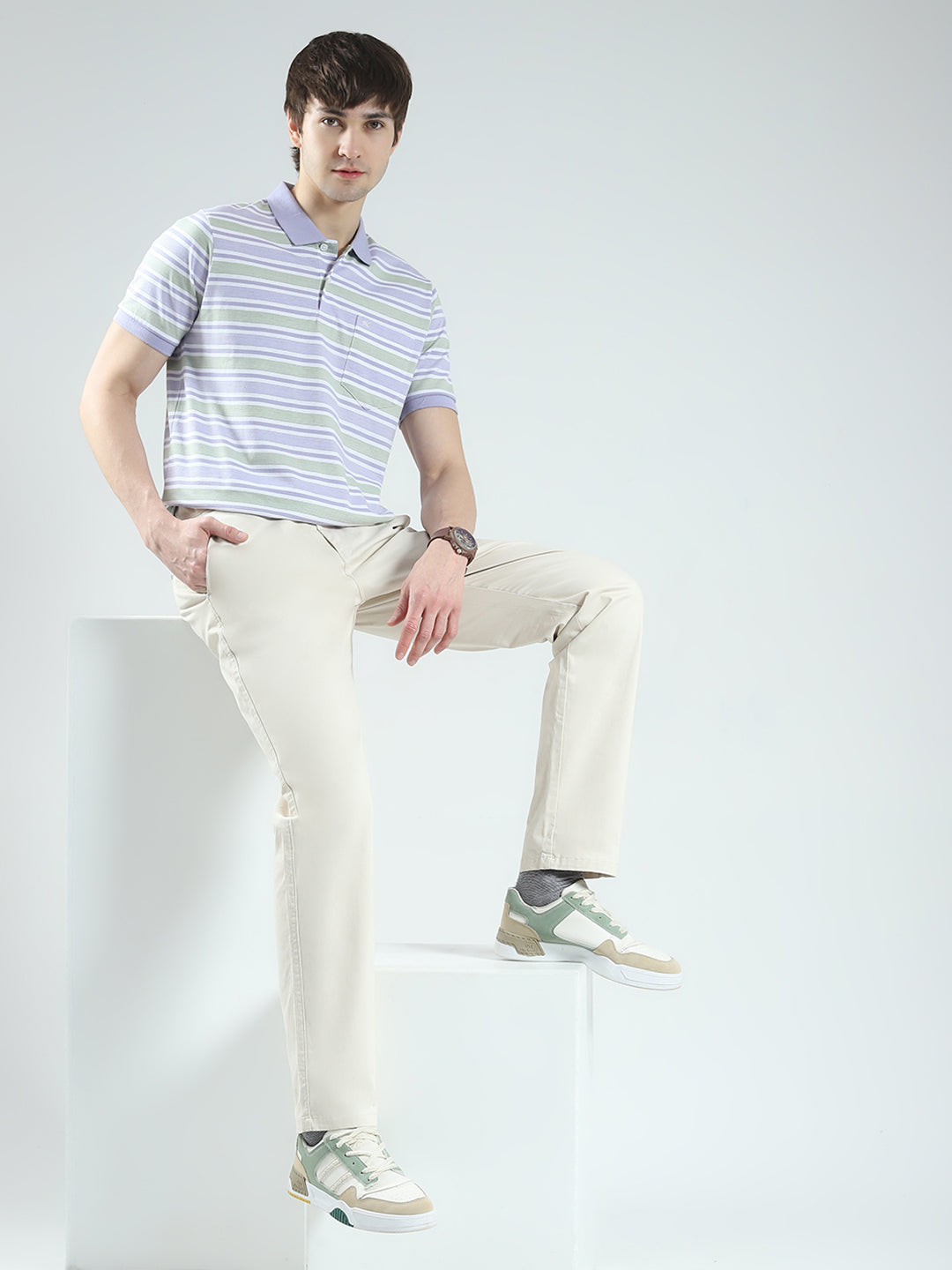 Men Purple Stripe Collar Half Sleeve T-Shirt