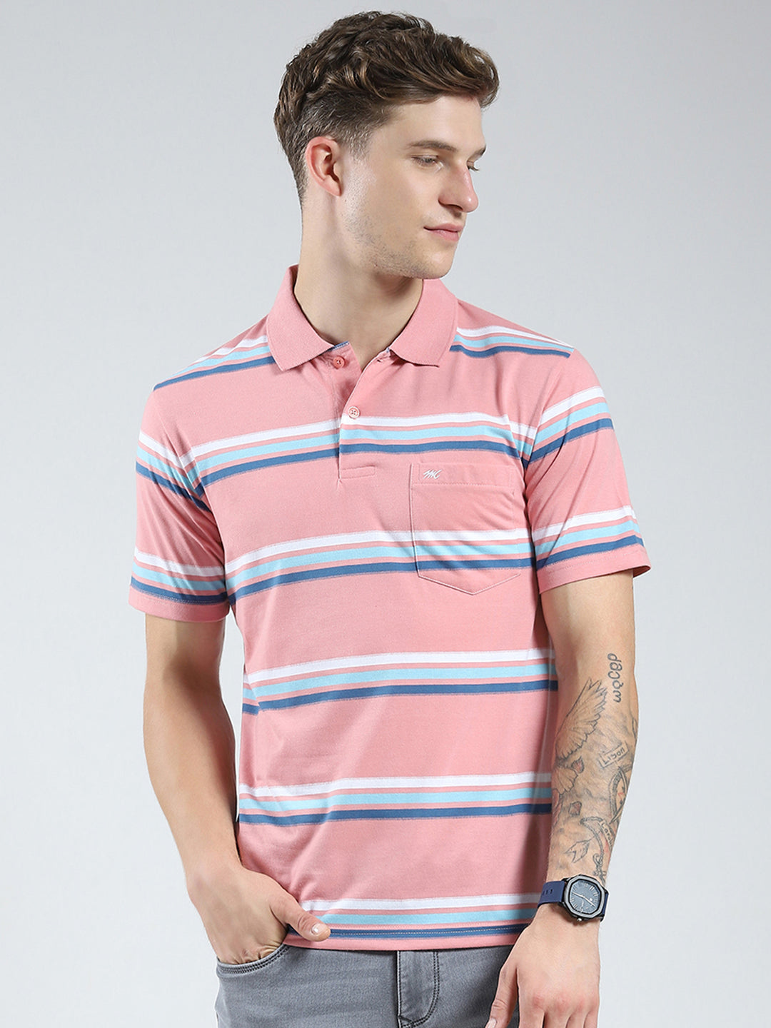 Men Pink Stripe Collar Half Sleeve T-Shirt