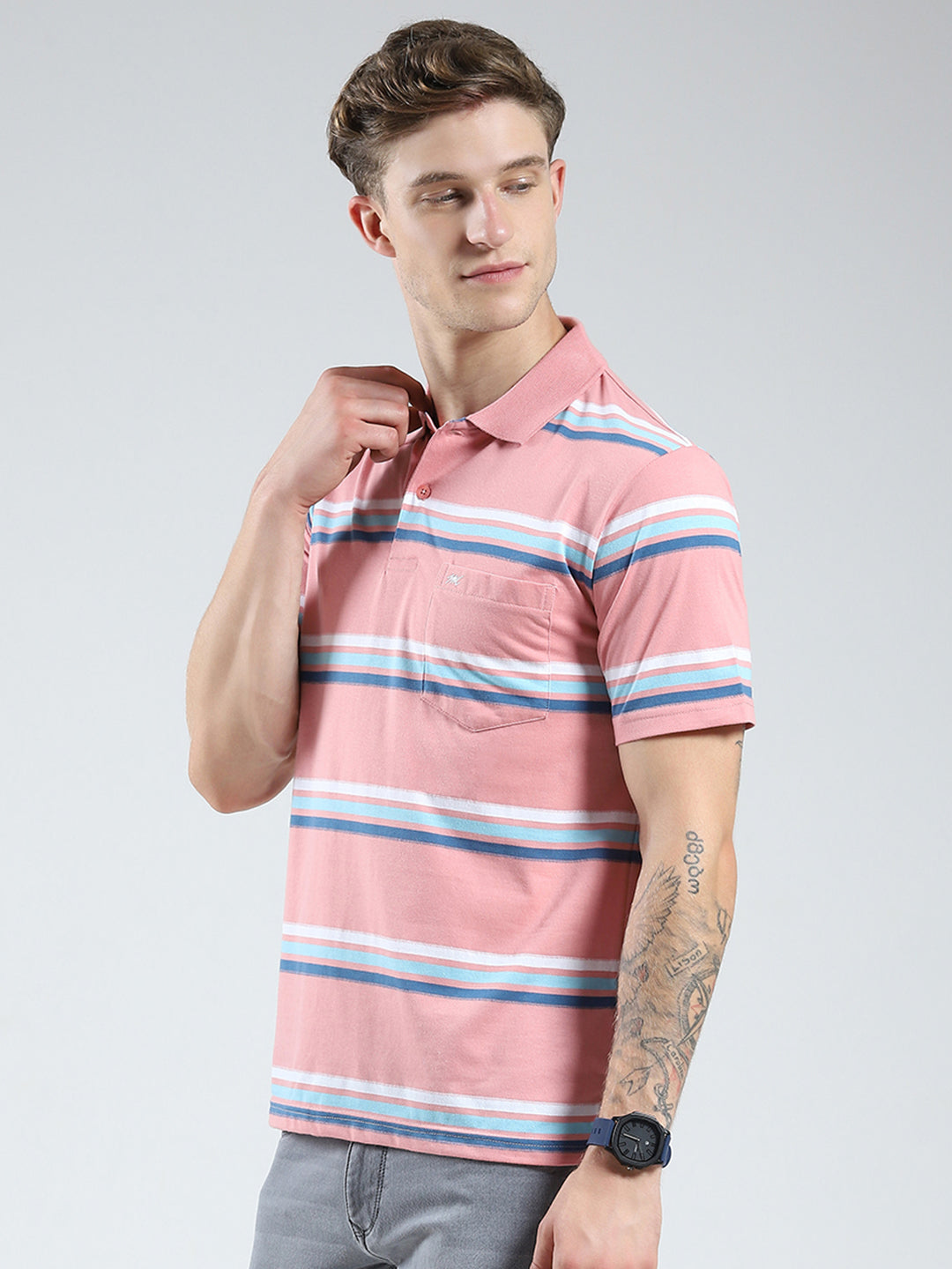 Men Pink Stripe Collar Half Sleeve T-Shirt