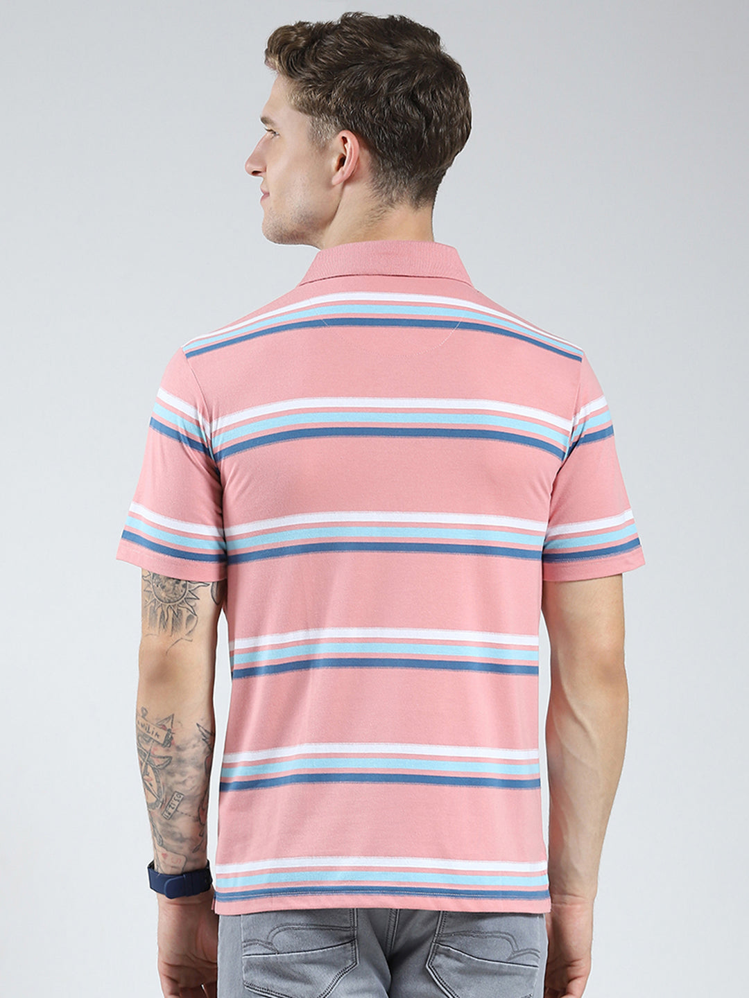 Men Pink Stripe Collar Half Sleeve T-Shirt