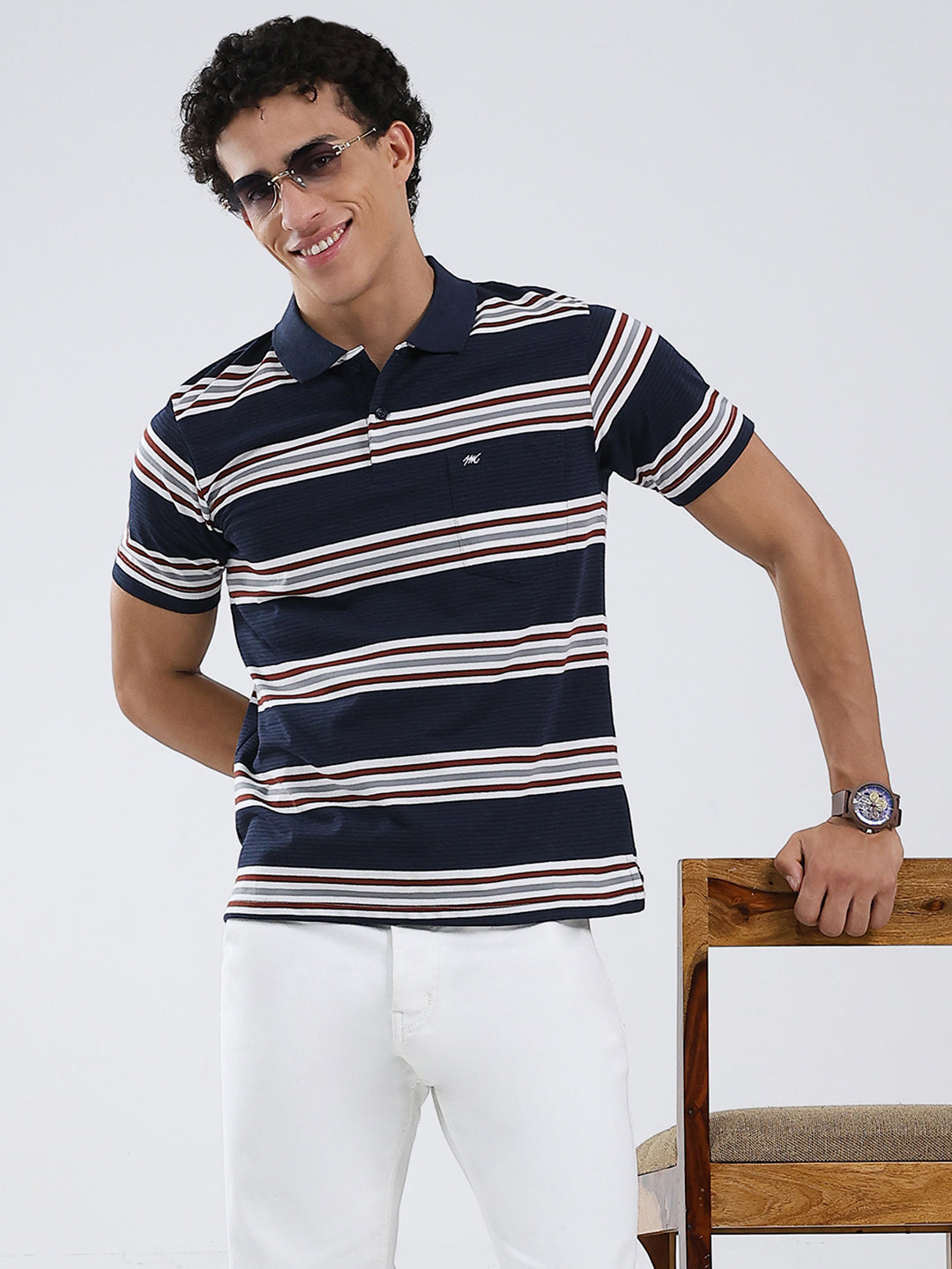 Men Navy Blue Stripe Collar Half Sleeve T-Shirt