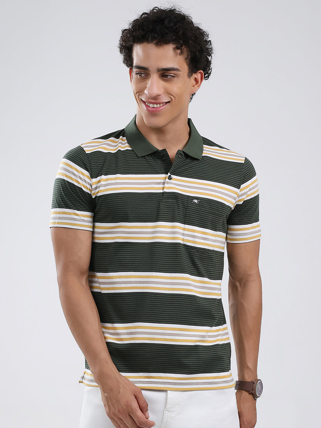 Men Olive Stripe Collar Half Sleeve T-Shirt