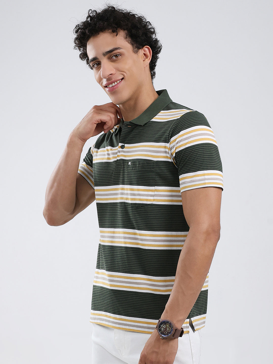 Men Olive Stripe Collar Half Sleeve T-Shirt