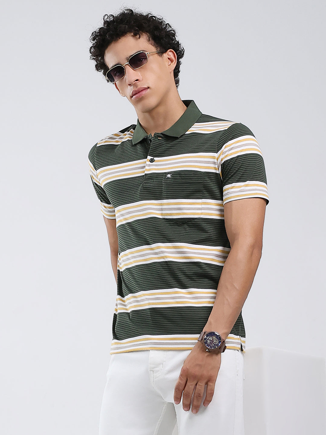 Men Olive Stripe Collar Half Sleeve T-Shirt