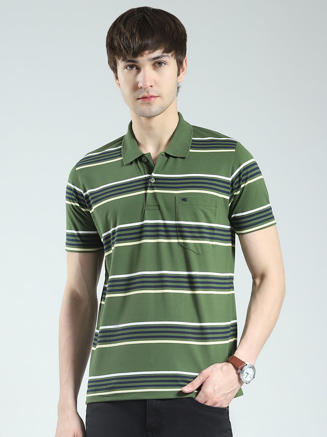 Men Green Stripe Collar Half Sleeve T-Shirt