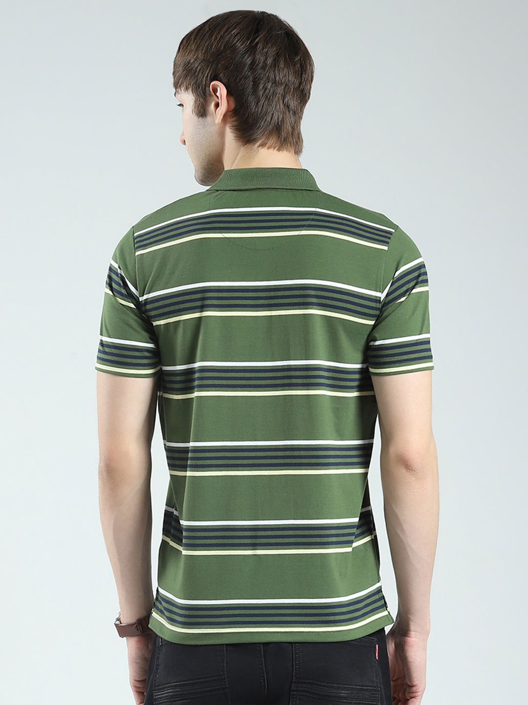 Men Green Stripe Collar Half Sleeve T-Shirt