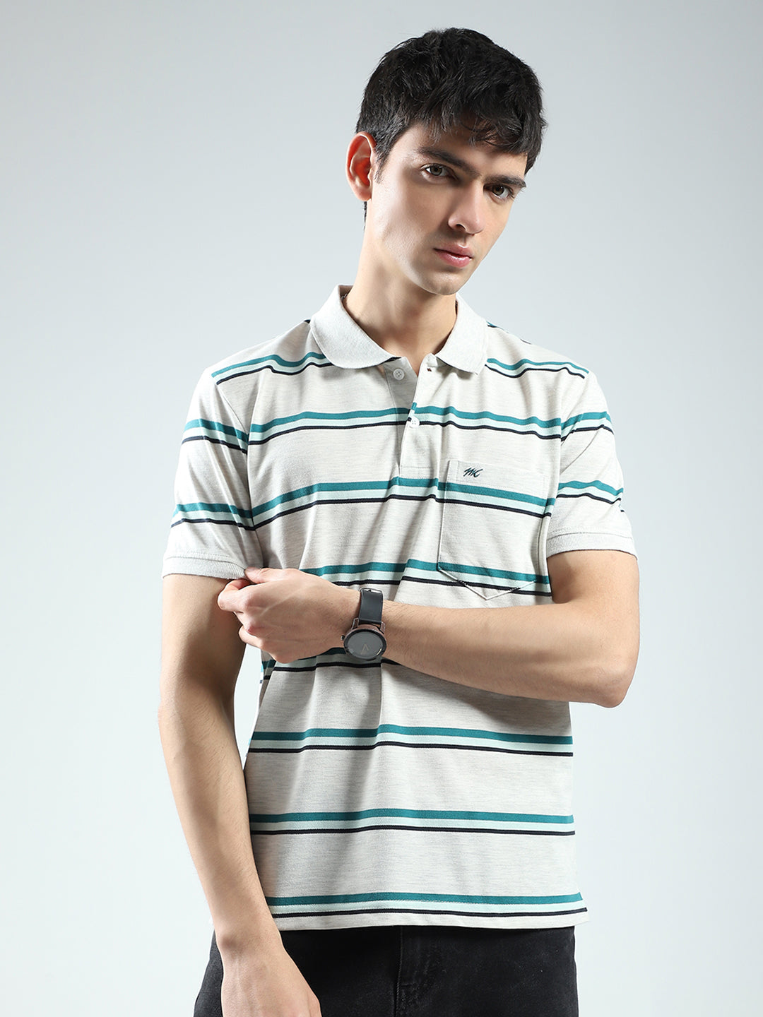 Men Grey Stripe Collar Half Sleeve T-Shirt