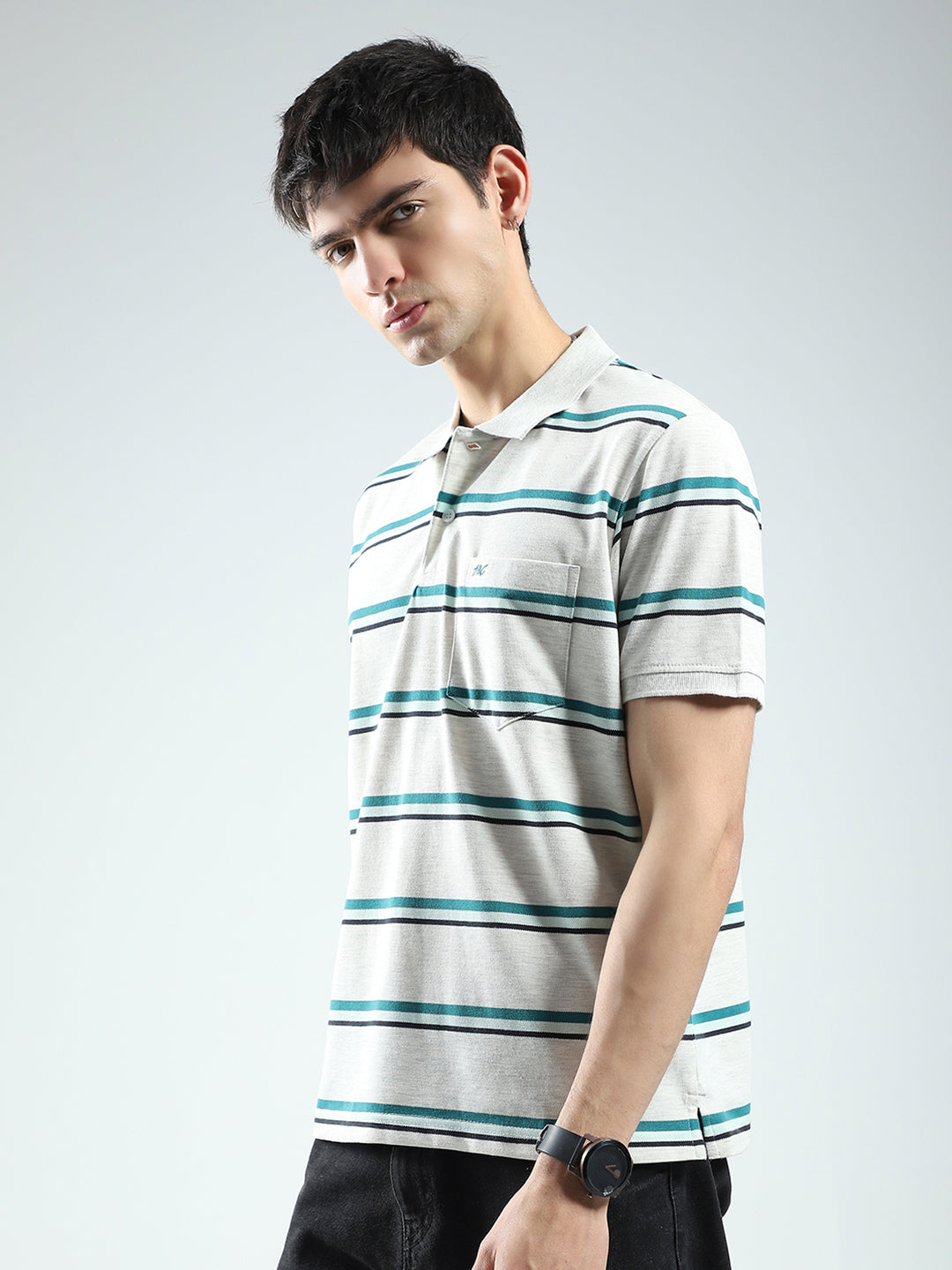 Men Grey Stripe Collar Half Sleeve T-Shirt