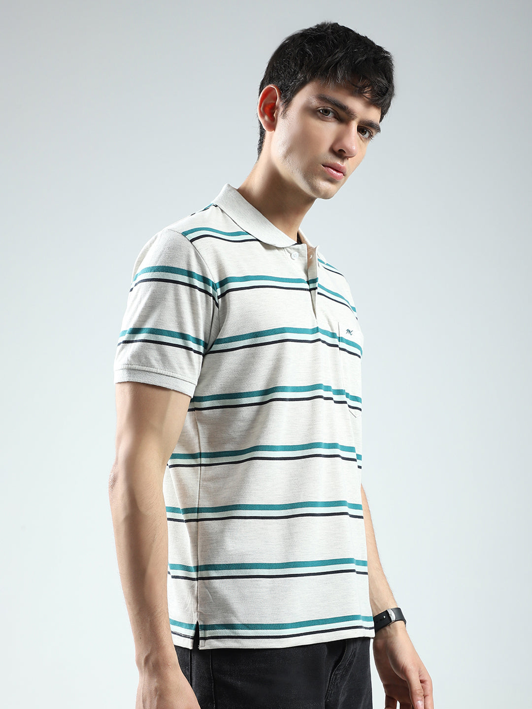 Men Grey Stripe Collar Half Sleeve T-Shirt