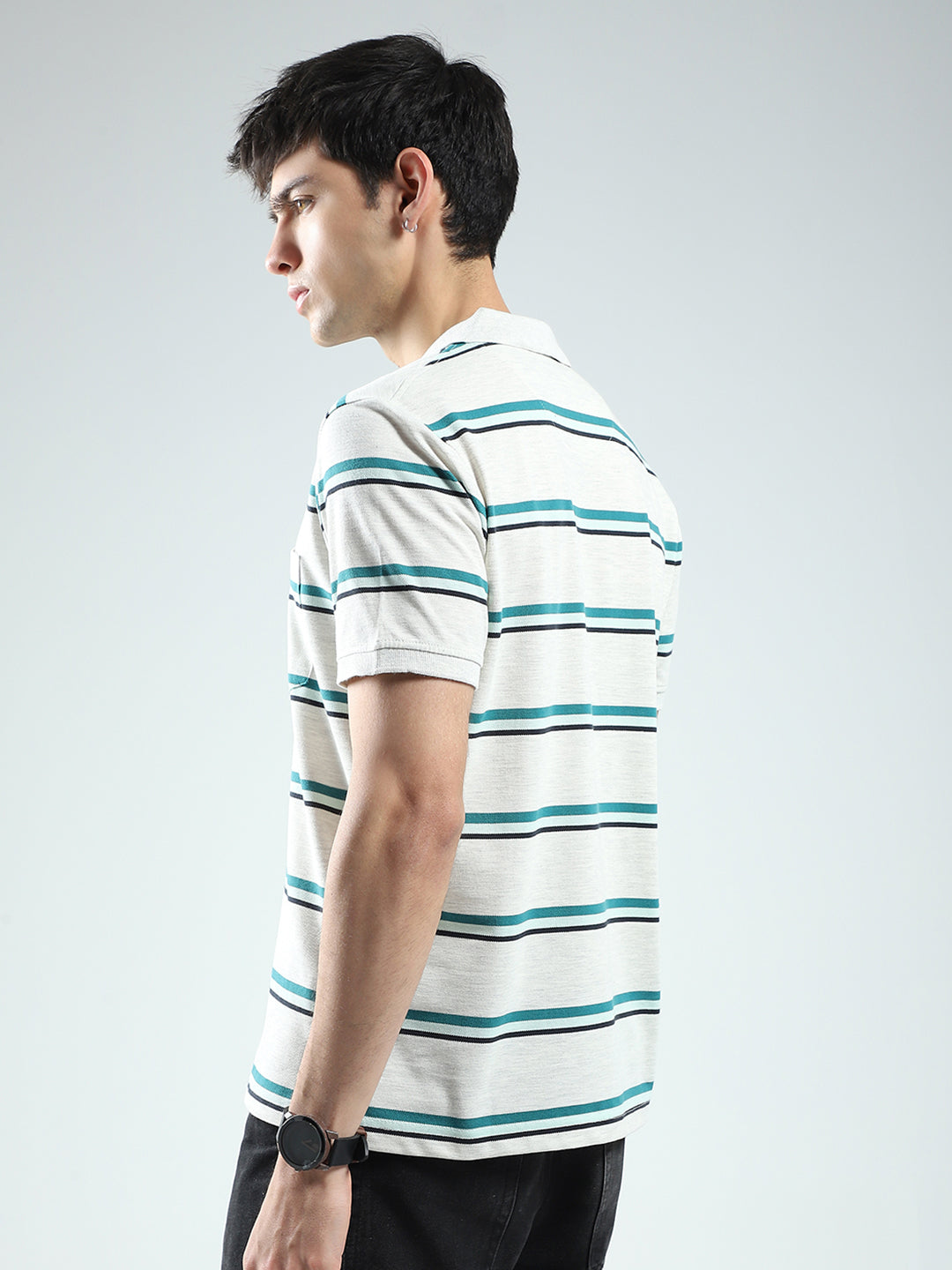 Men Grey Stripe Collar Half Sleeve T-Shirt