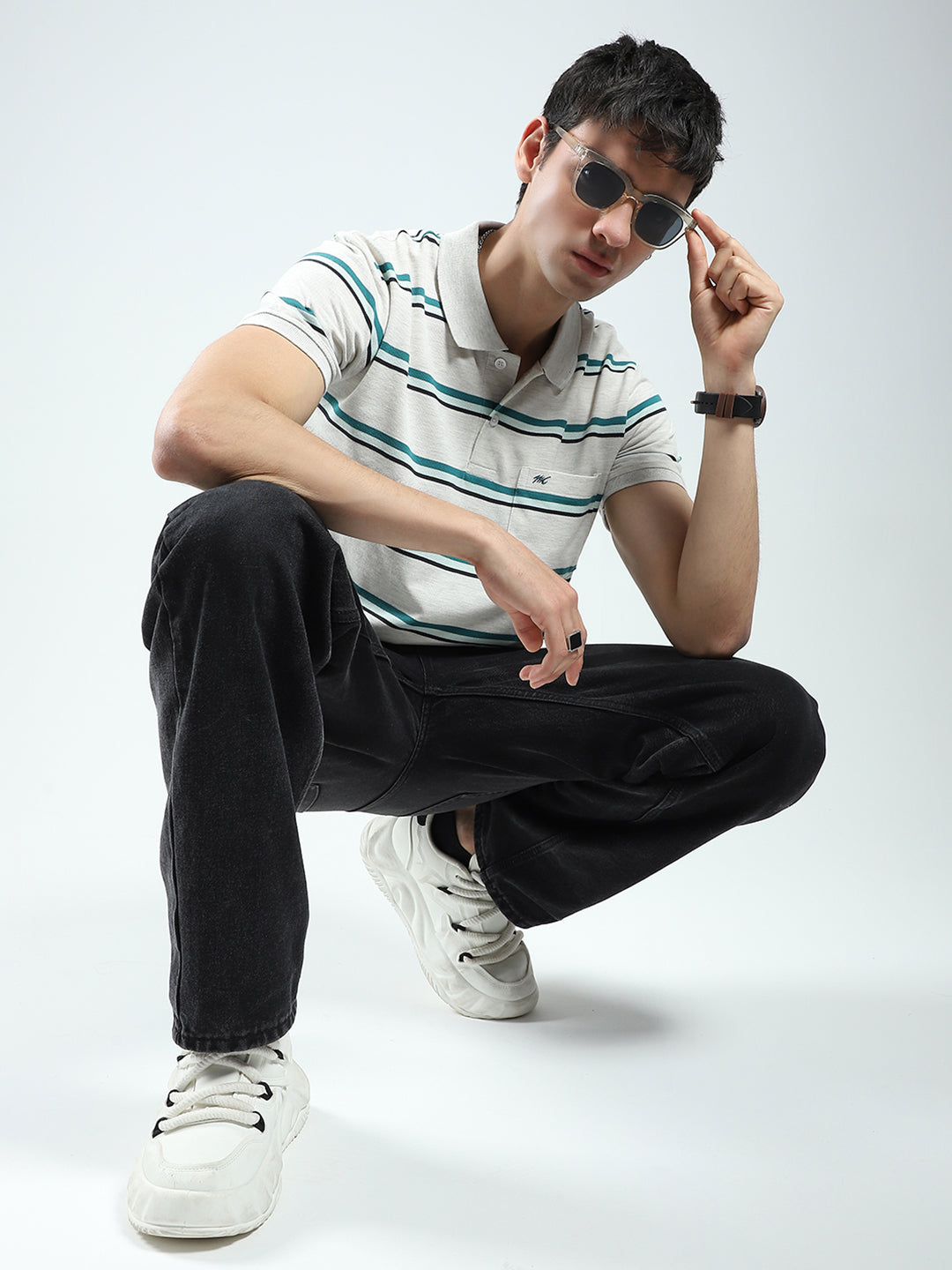 Men Grey Stripe Collar Half Sleeve T-Shirt