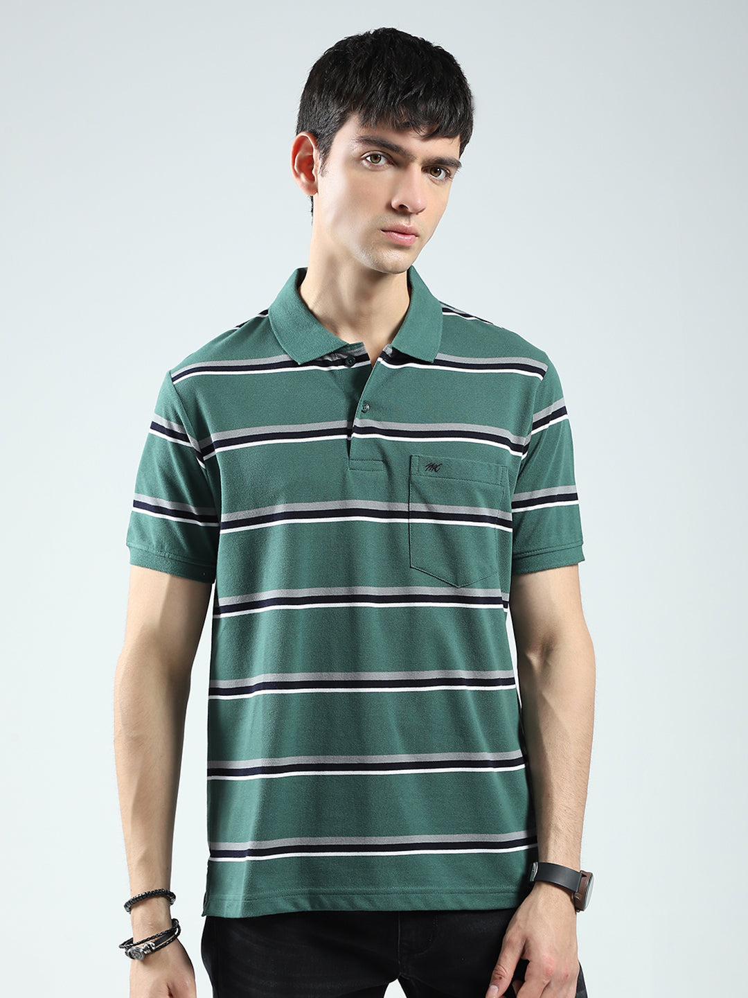 Men Green Stripe Collar Half Sleeve T-Shirt