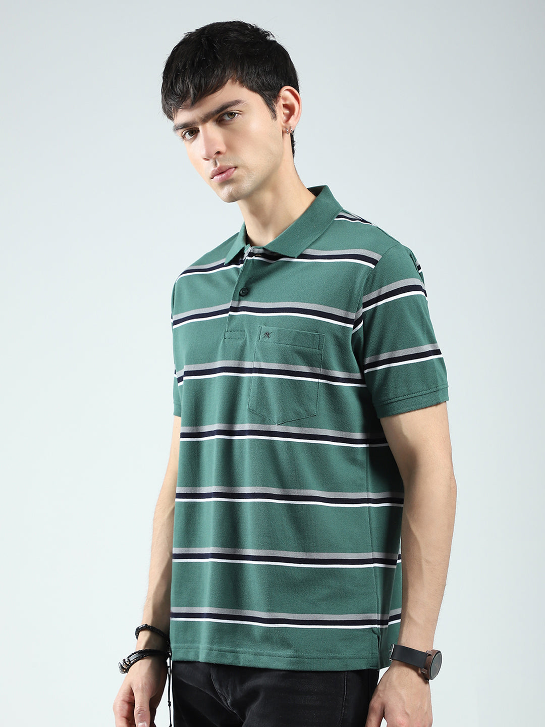 Men Green Stripe Collar Half Sleeve T-Shirt