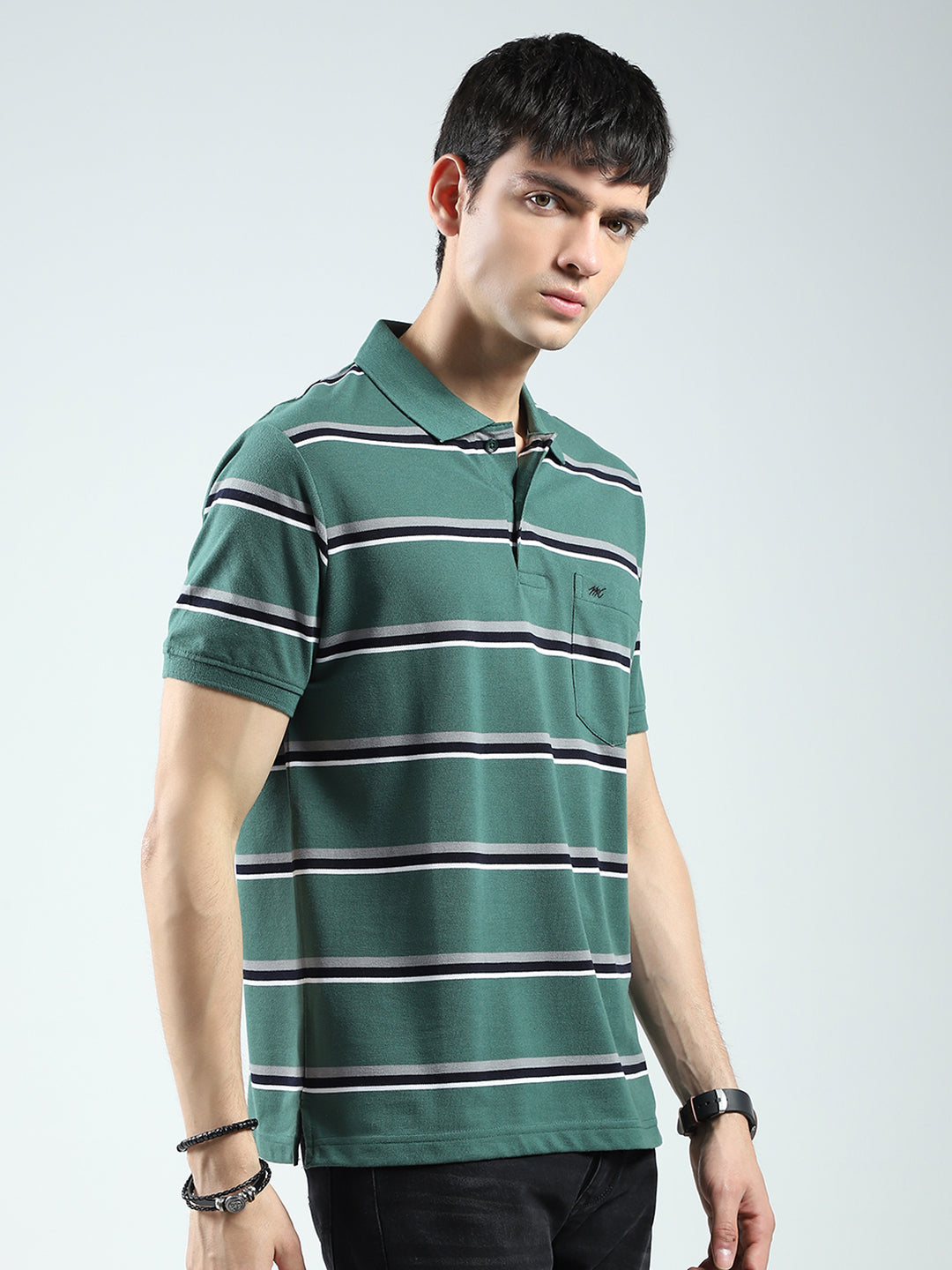 Men Green Stripe Collar Half Sleeve T-Shirt
