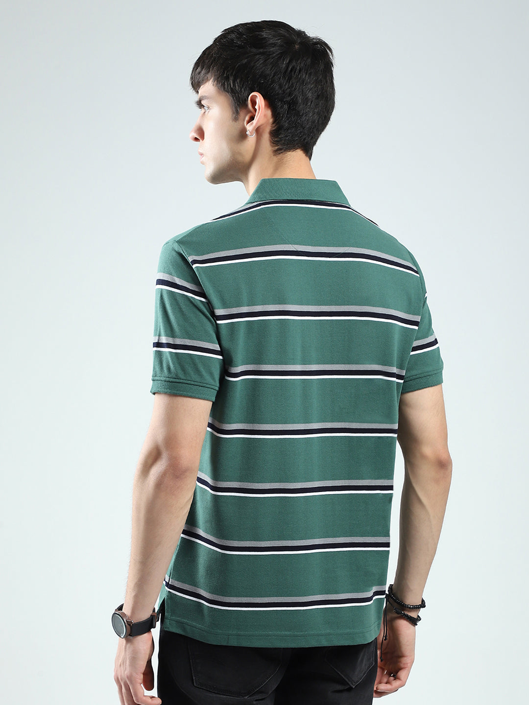 Men Green Stripe Collar Half Sleeve T-Shirt