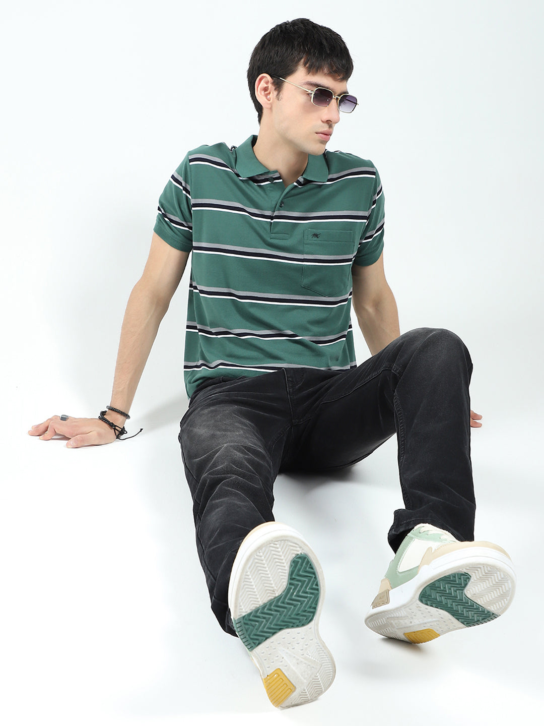 Men Green Stripe Collar Half Sleeve T-Shirt