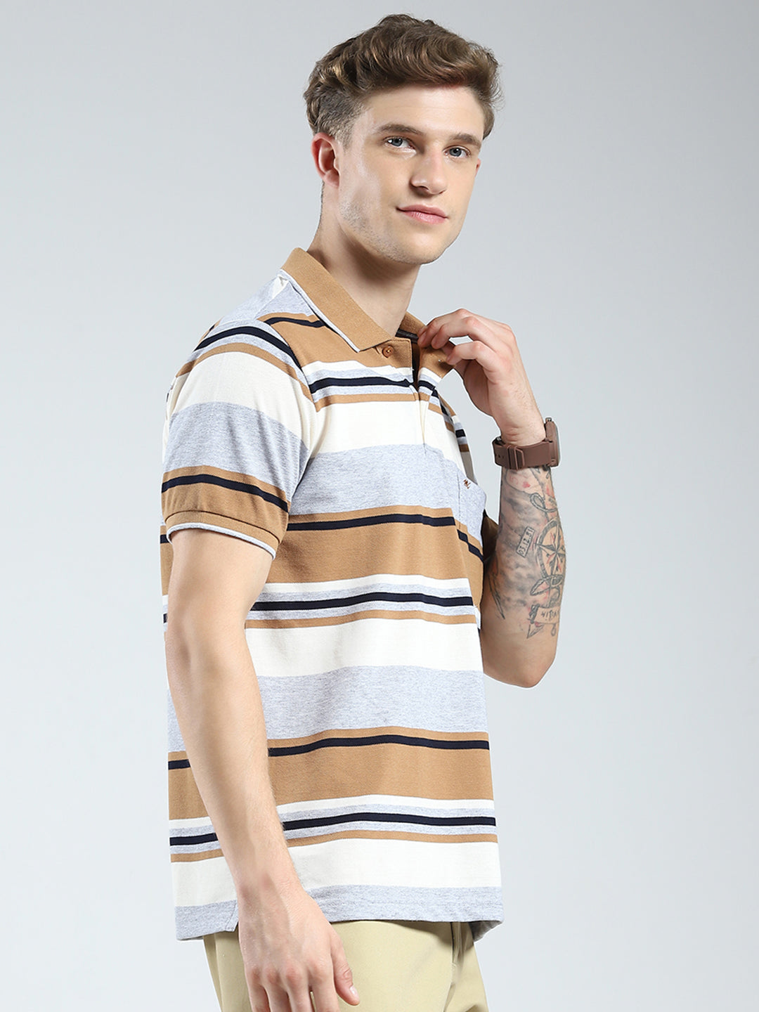 Men Grey Stripe Collar Half Sleeve T-Shirt