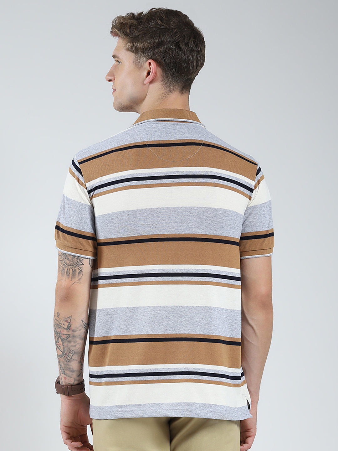 Men Grey Stripe Collar Half Sleeve T-Shirt