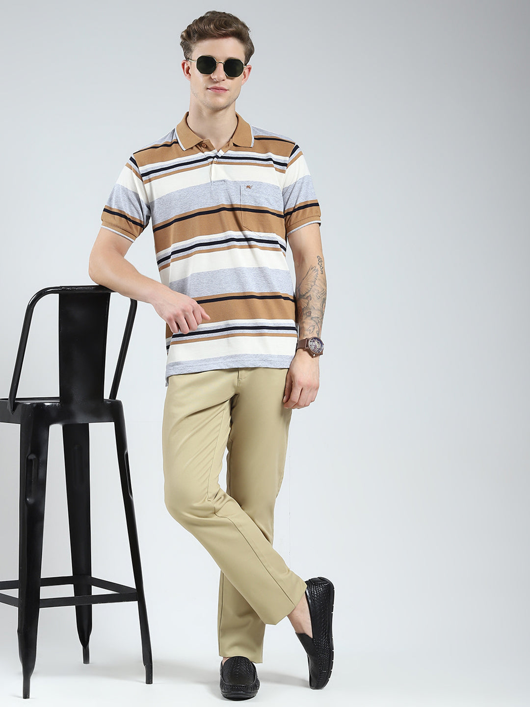 Men Grey Stripe Collar Half Sleeve T-Shirt