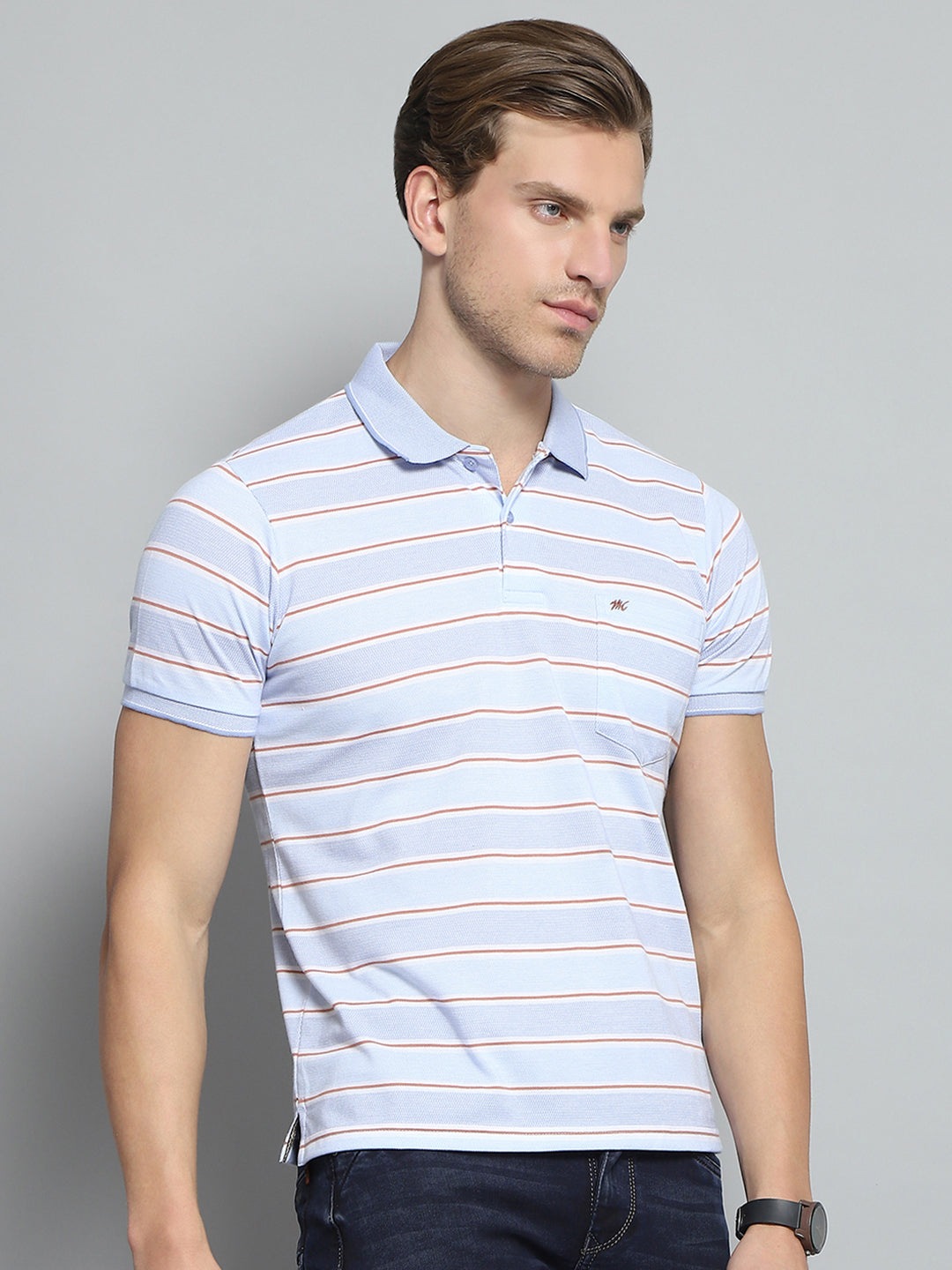 Men Blue Stripe Collar Half Sleeve T-Shirt