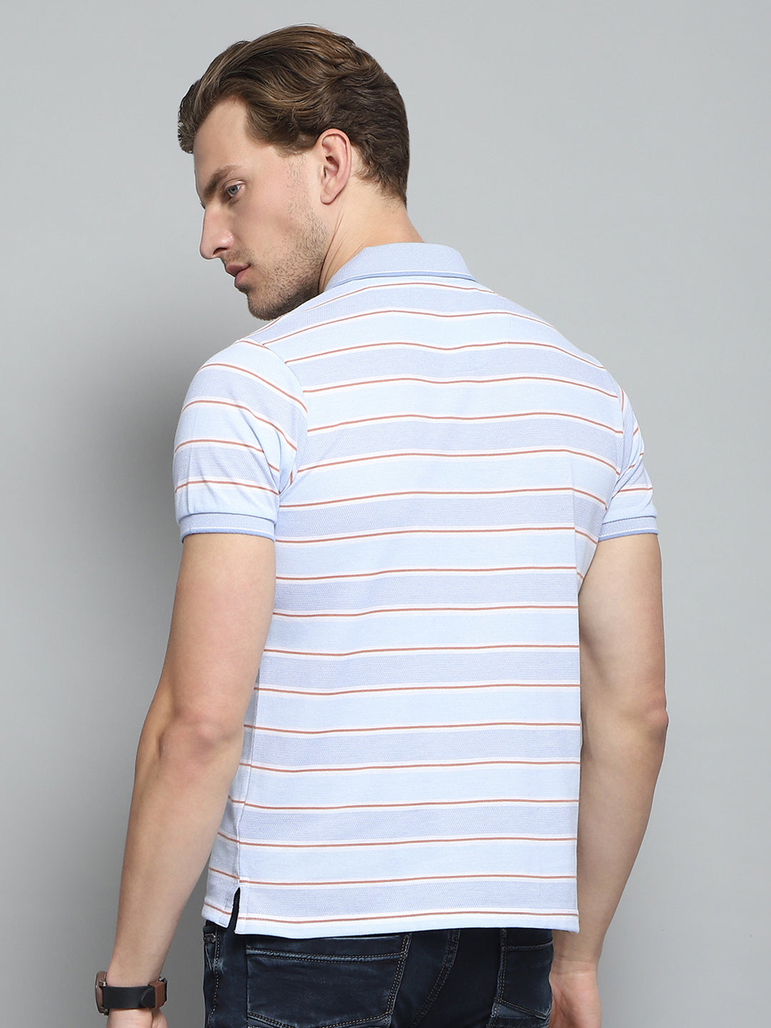 Men Blue Stripe Collar Half Sleeve T-Shirt