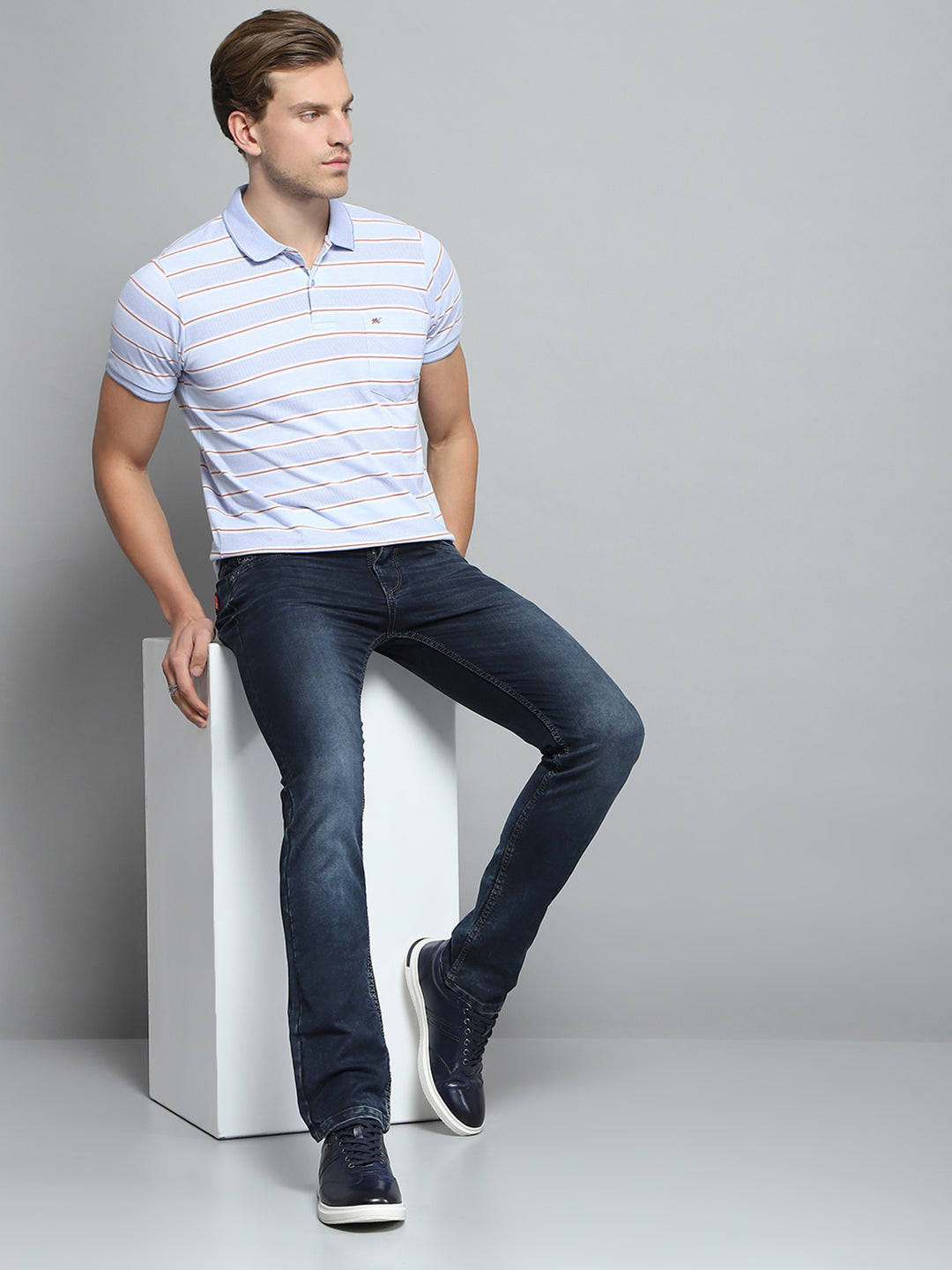 Men Blue Stripe Collar Half Sleeve T-Shirt