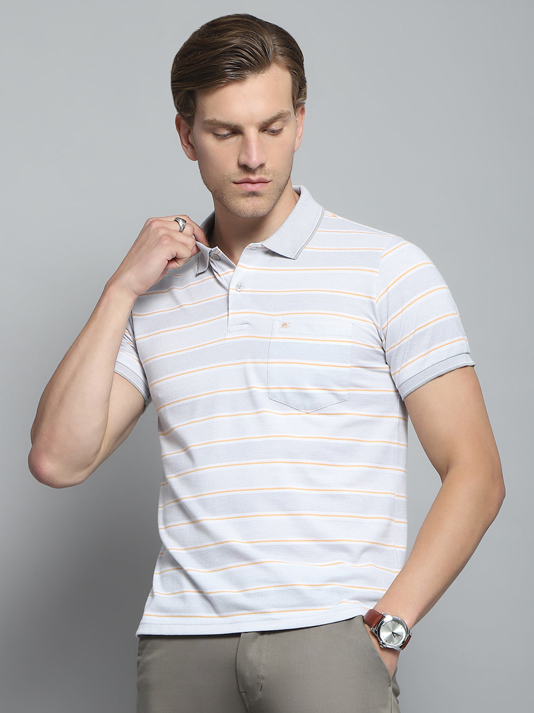 Men Grey Stripe Collar Half Sleeve T-Shirt