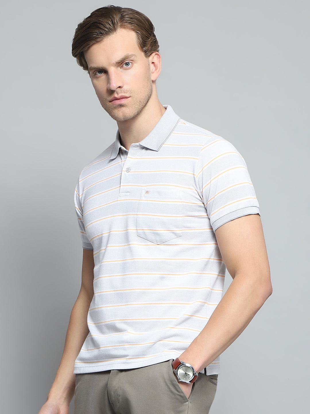 Men Grey Stripe Collar Half Sleeve T-Shirt