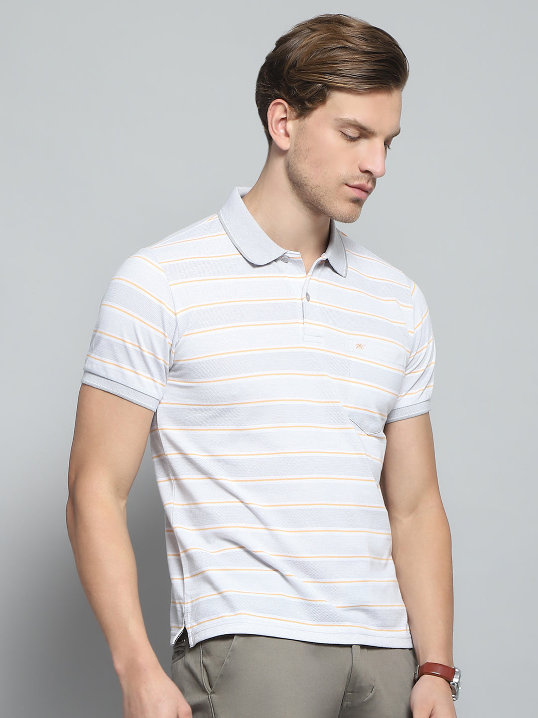 Men Grey Stripe Collar Half Sleeve T-Shirt