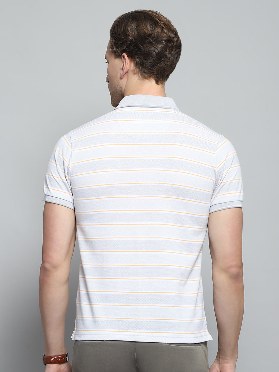 Men Grey Stripe Collar Half Sleeve T-Shirt