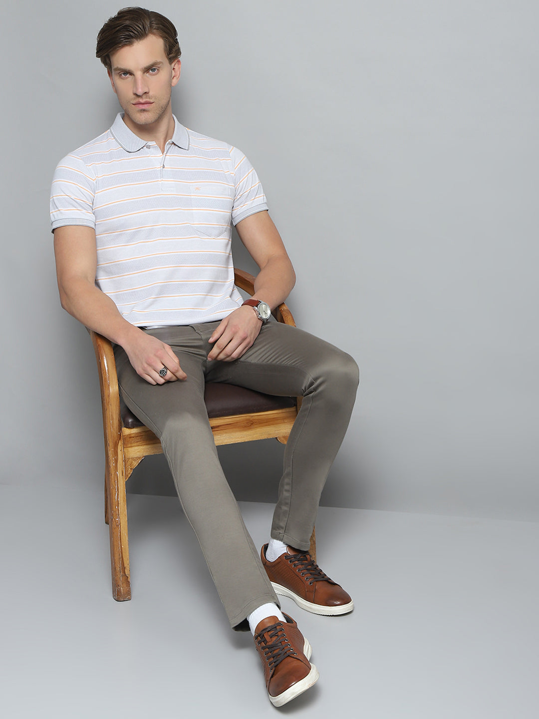 Men Grey Stripe Collar Half Sleeve T-Shirt