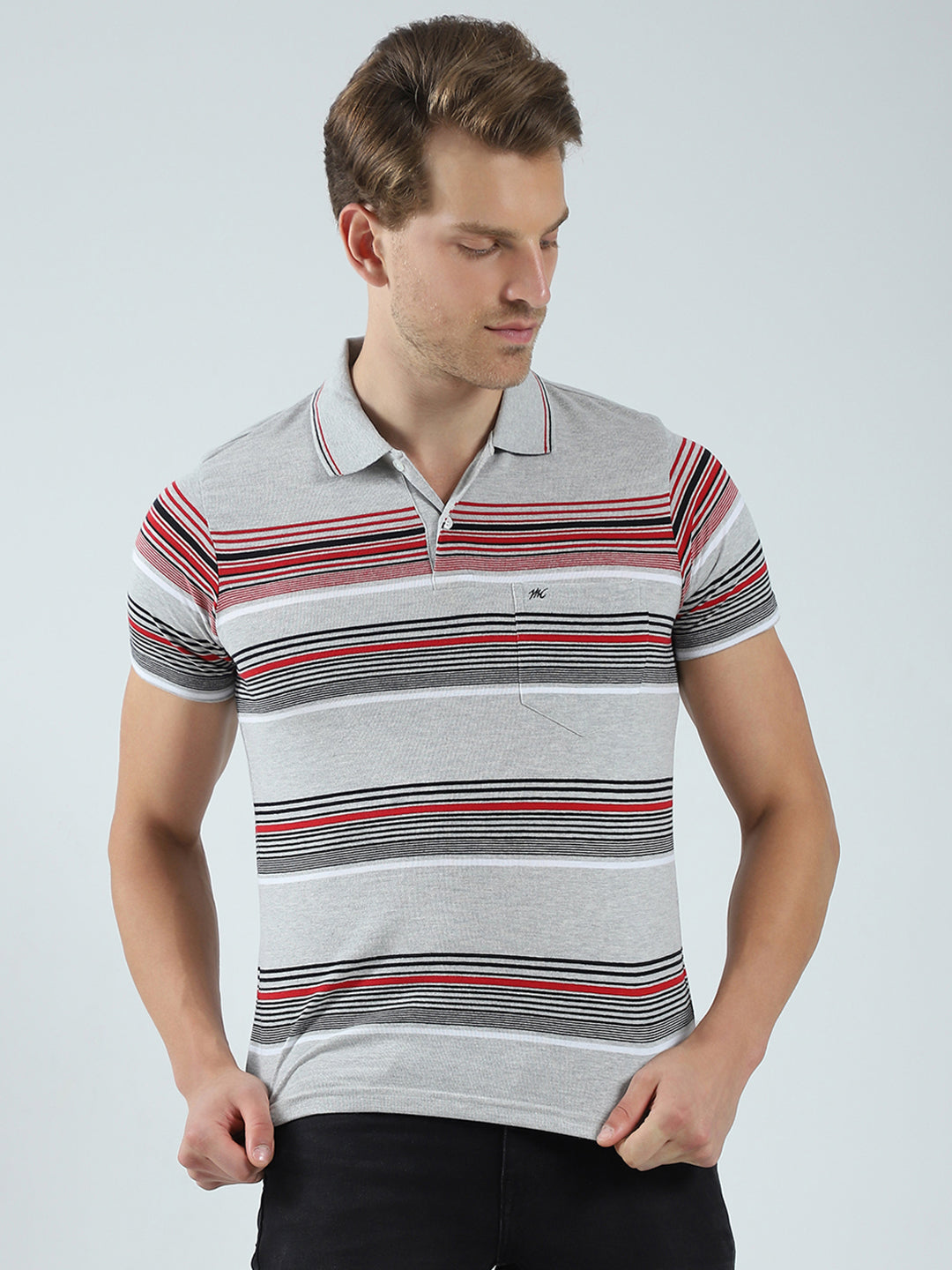 Men Grey Stripe Collar Half Sleeve T-Shirt