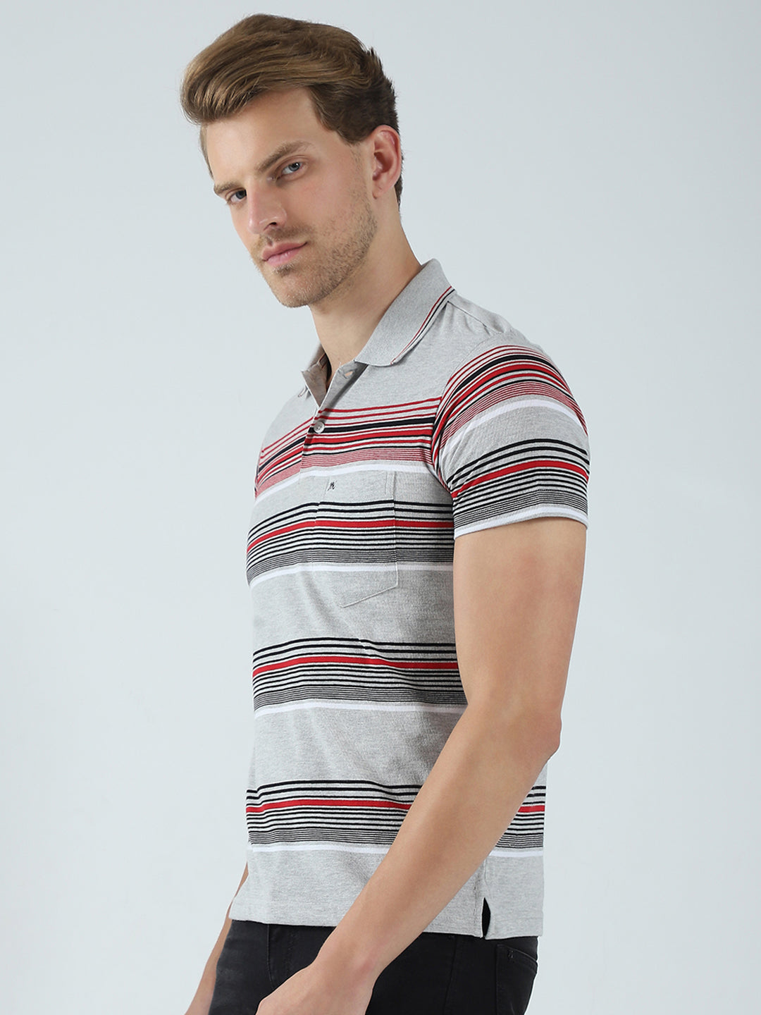 Men Grey Stripe Collar Half Sleeve T-Shirt