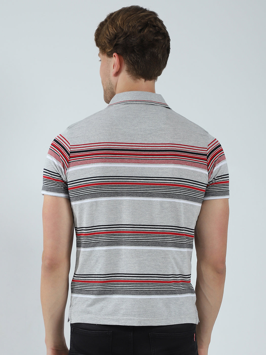 Men Grey Stripe Collar Half Sleeve T-Shirt