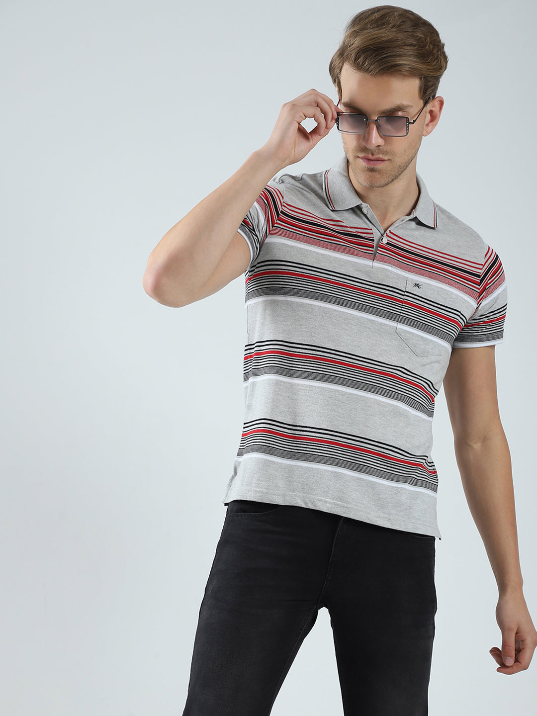 Men Grey Stripe Collar Half Sleeve T-Shirt