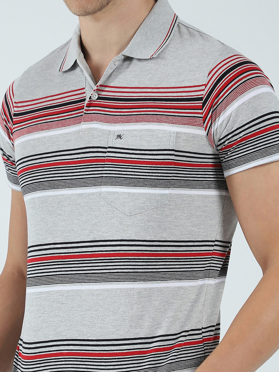 Men Grey Stripe Collar Half Sleeve T-Shirt