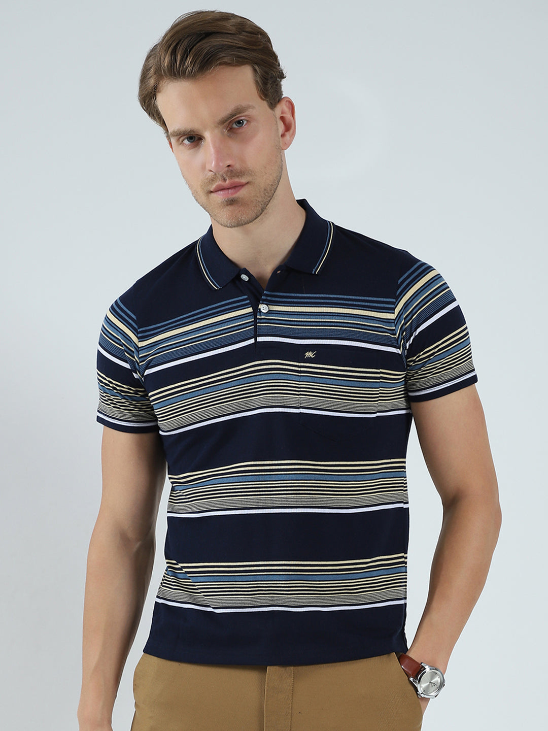 Men Navy Blue Stripe Collar Half Sleeve T-Shirt
