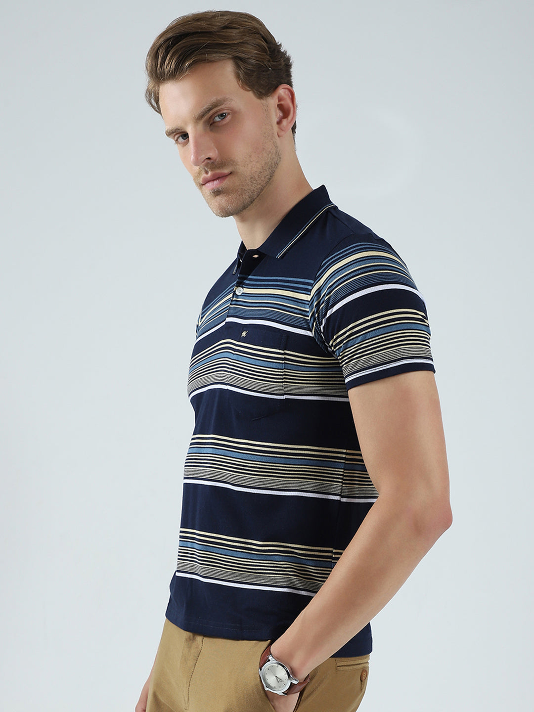 Men Navy Blue Stripe Collar Half Sleeve T-Shirt