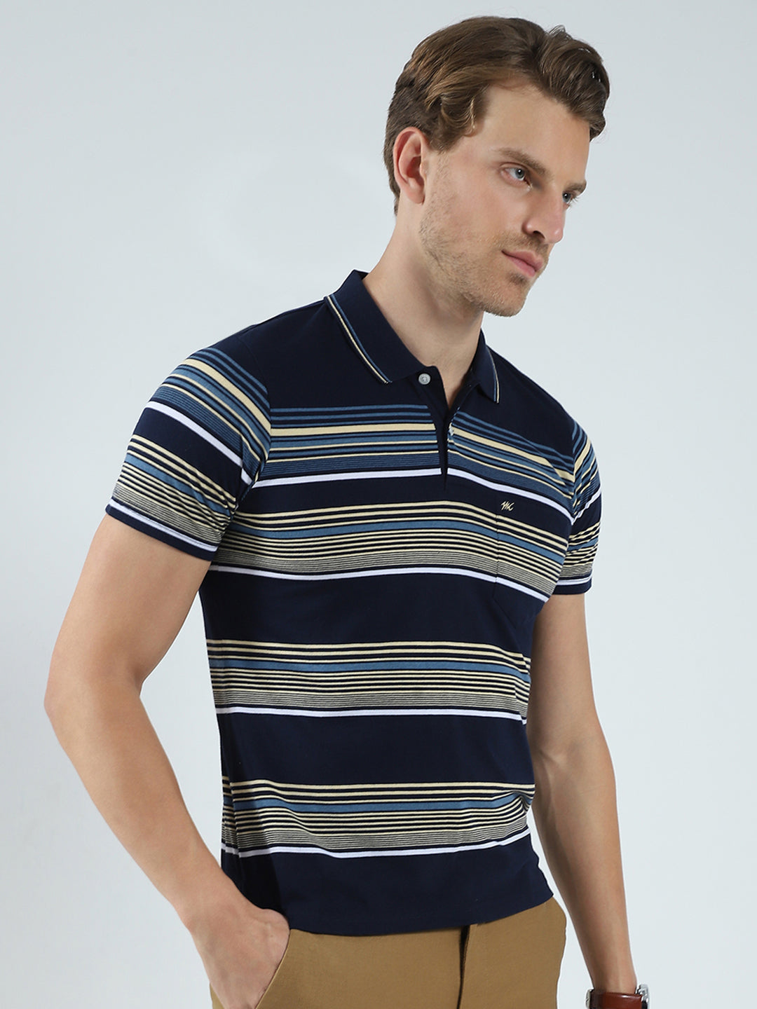 Men Navy Blue Stripe Collar Half Sleeve T-Shirt
