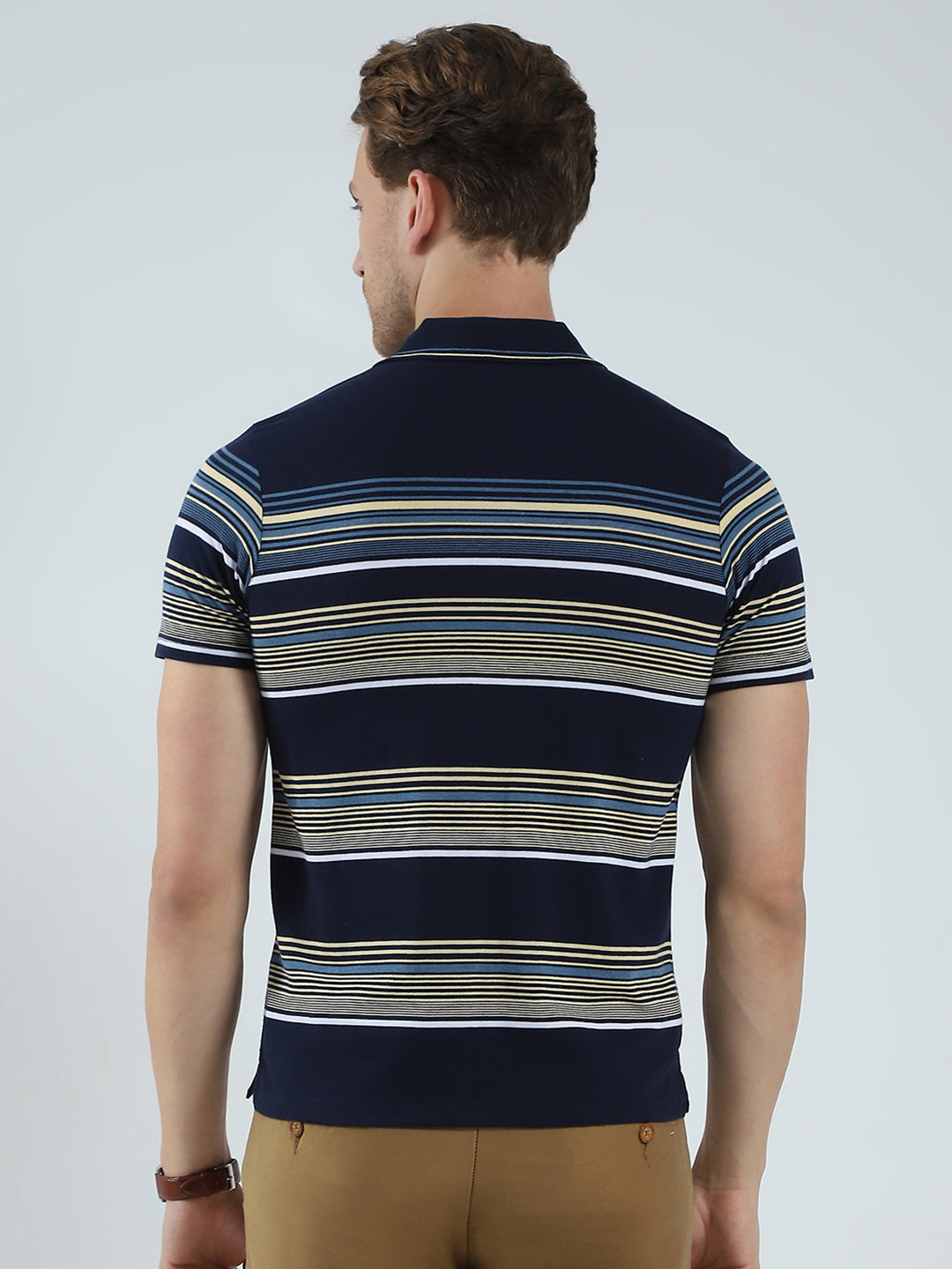 Men Navy Blue Stripe Collar Half Sleeve T-Shirt