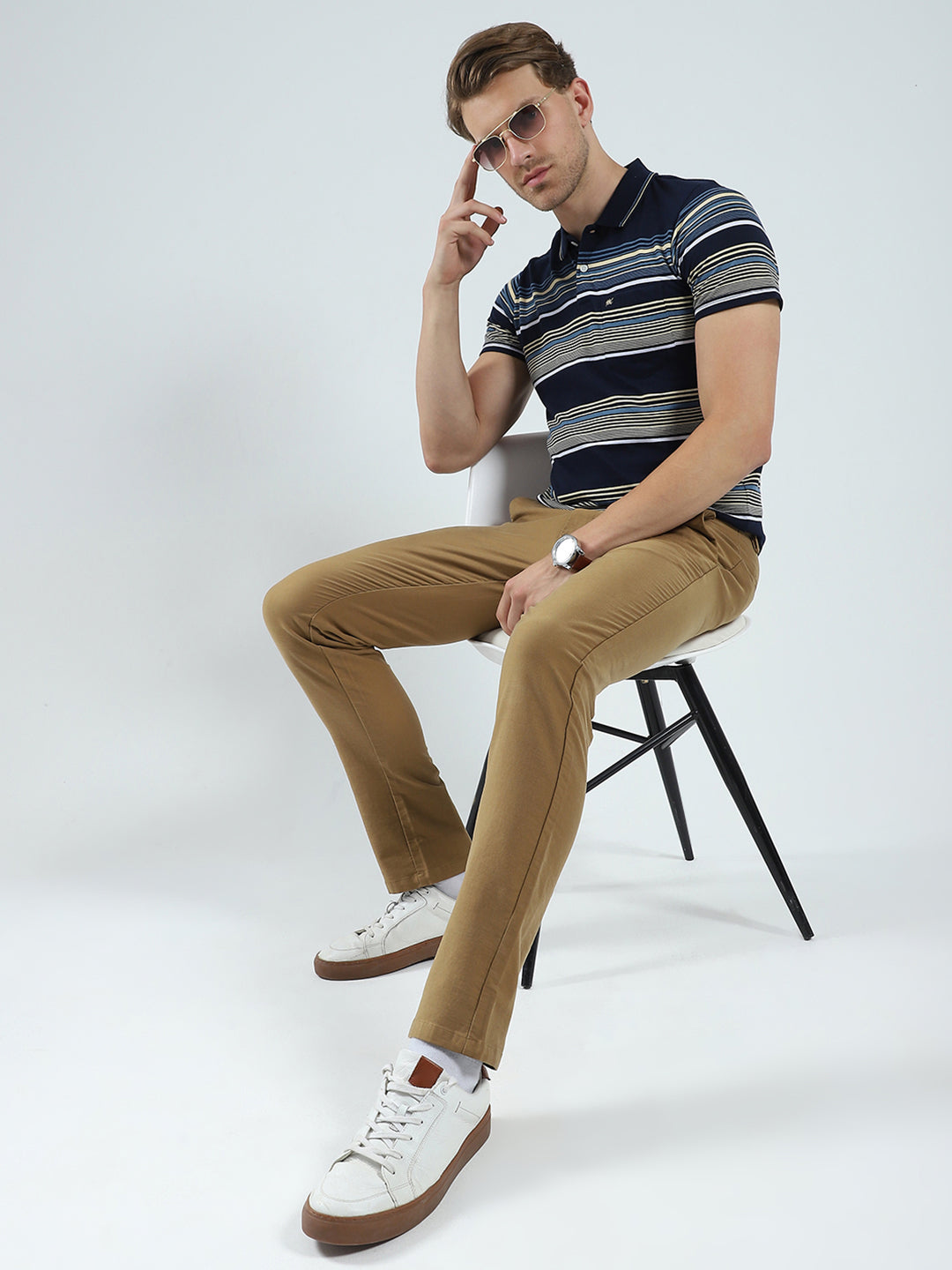 Men Navy Blue Stripe Collar Half Sleeve T-Shirt