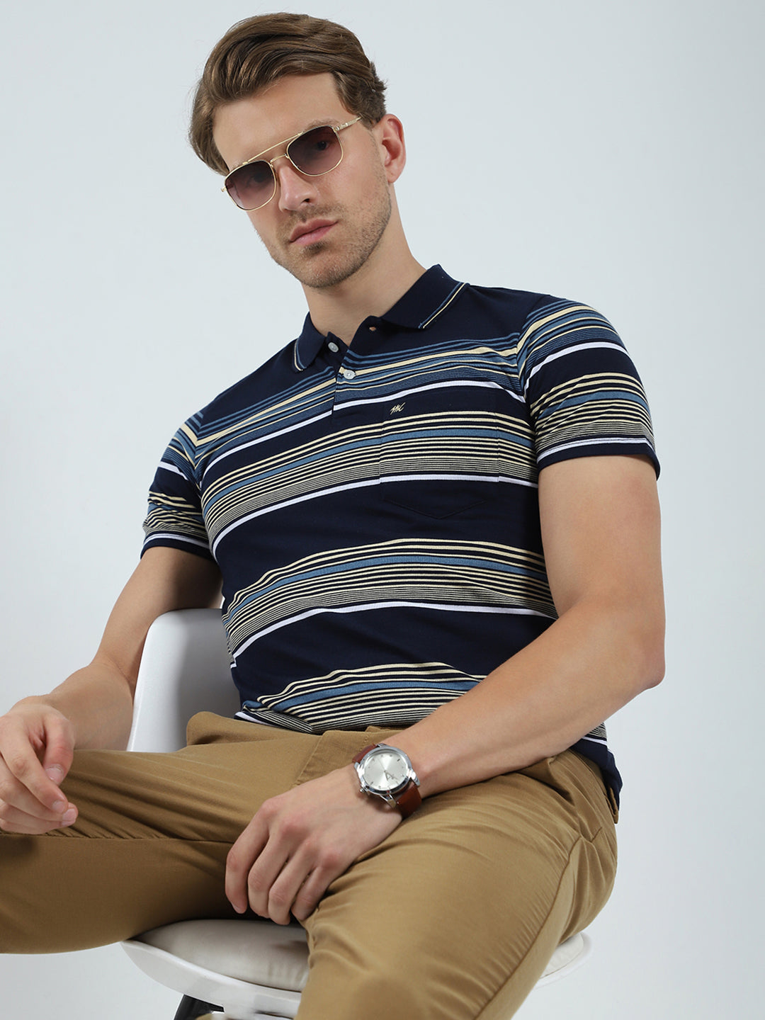 Men Navy Blue Stripe Collar Half Sleeve T-Shirt