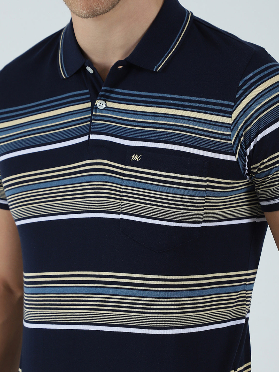 Men Navy Blue Stripe Collar Half Sleeve T-Shirt
