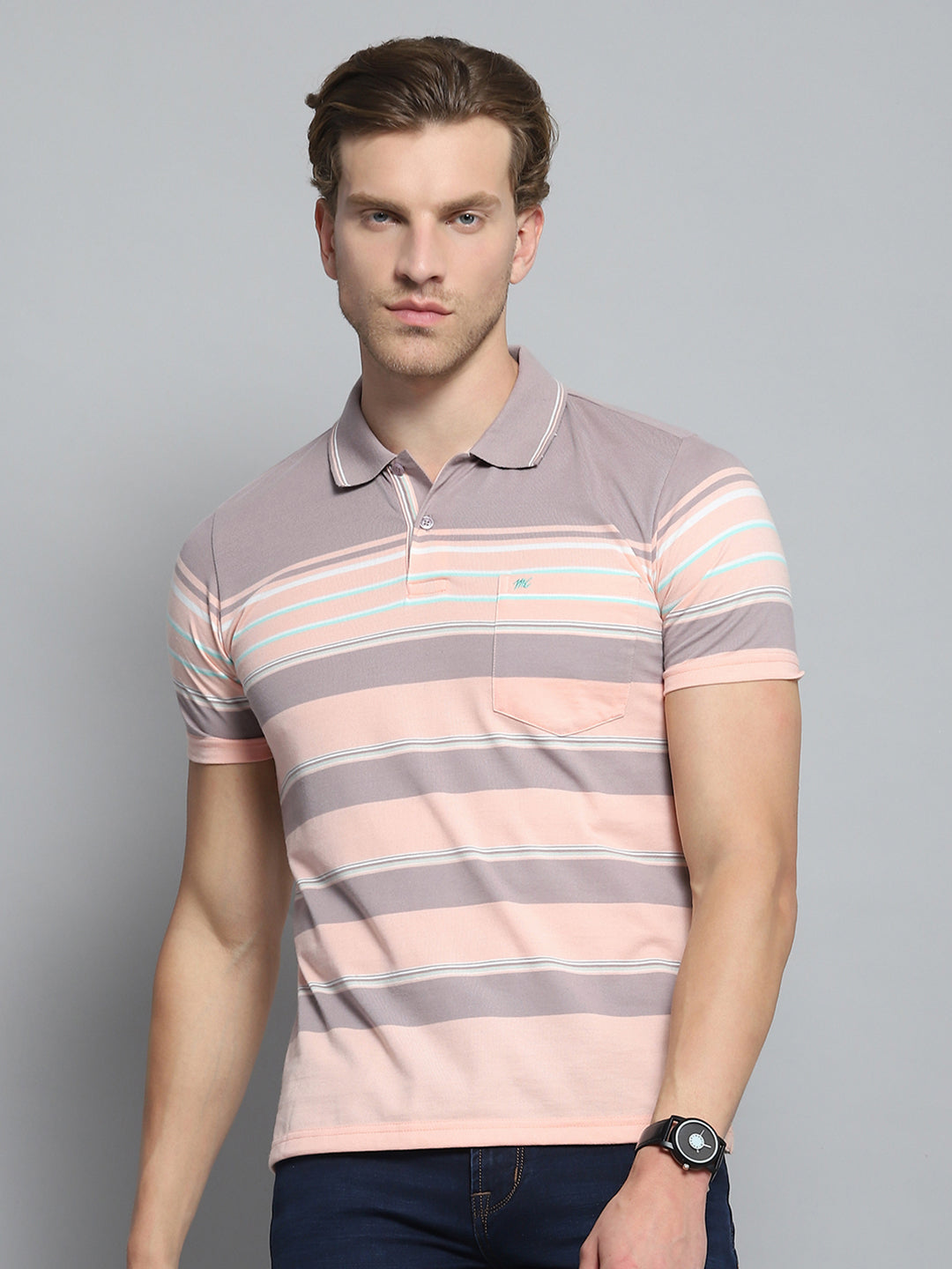 Men Peach Stripe Collar Half Sleeve T-Shirt